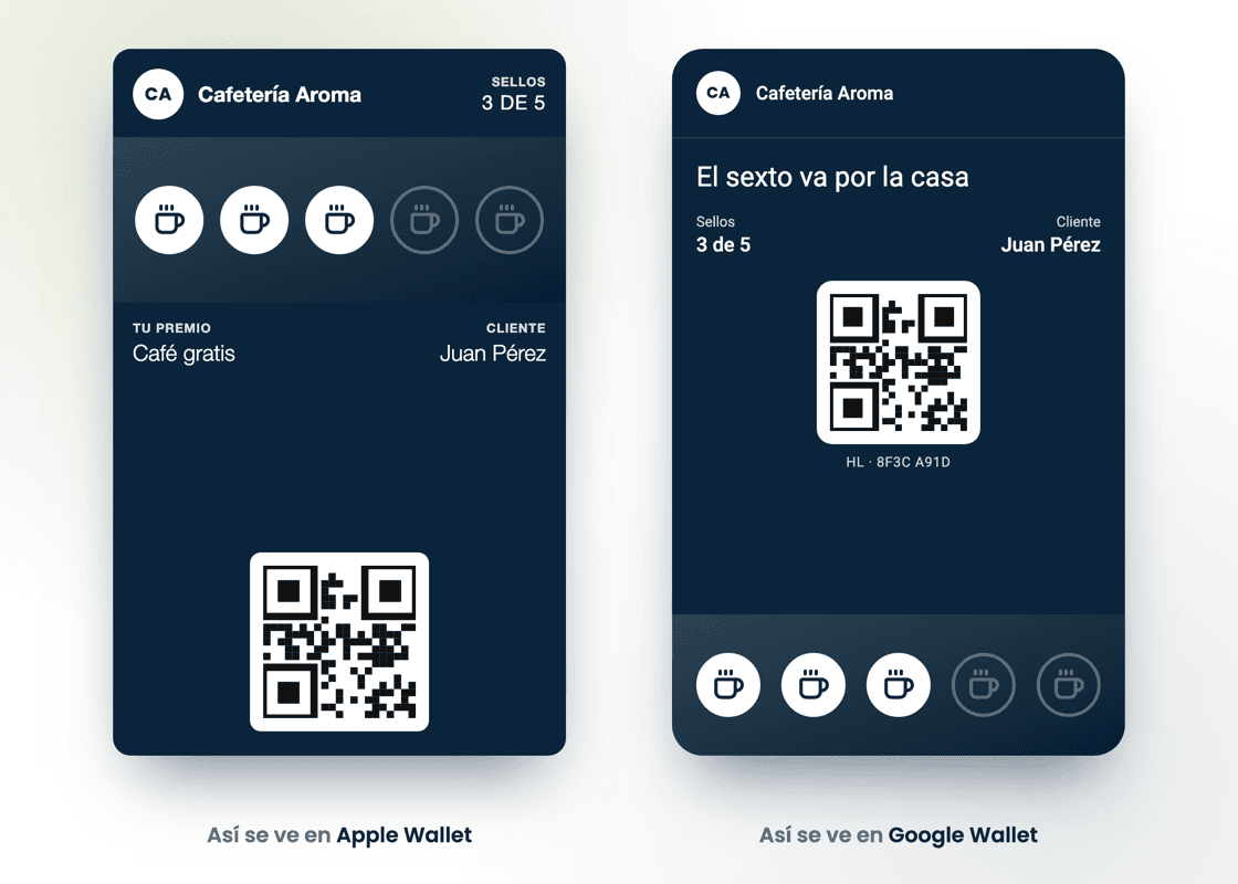 Tarjeta de lealtad de un negocio guardada en Apple Wallet y en Google Wallet, con los sellos acumulados y el código QR